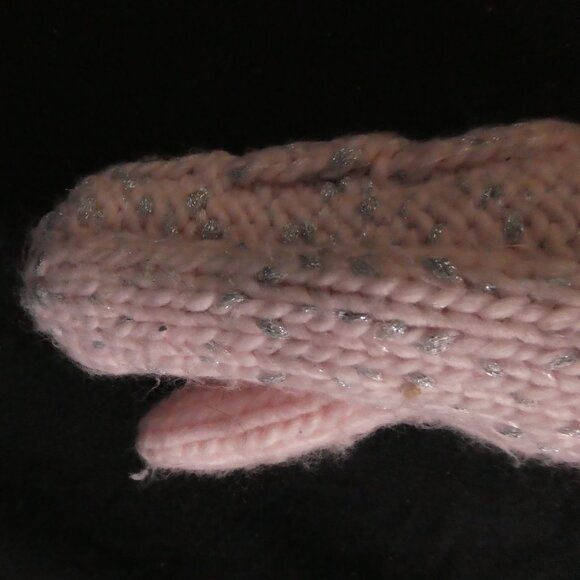 Fleece Lined Pink and Grey Knit Mittens with Shiny Fibers - Picture 11 of 15